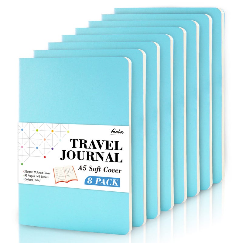 Feela 8 Pack Soft Cover Journal Bulk, Feela Notebooks College Ruled for Work, Lined Travel Journal for Women Men, Note Taking Notebook School Supplies Business Writing, 8.2    x 5.5   , A5, Light Blue - Image 1